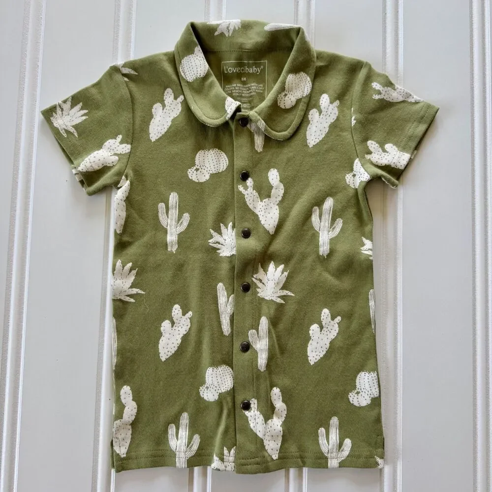 L'ovedbaby Sage Cactus | Toddler Boys Organic Cotton Button Up Shirt Shorts Set